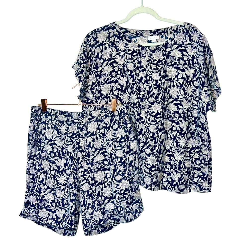 Pure Jill Linen 2 pcs Set Blue Floral Pull On Cuffed Shorts Pockets Top Shirt M - Picture 2 of 16